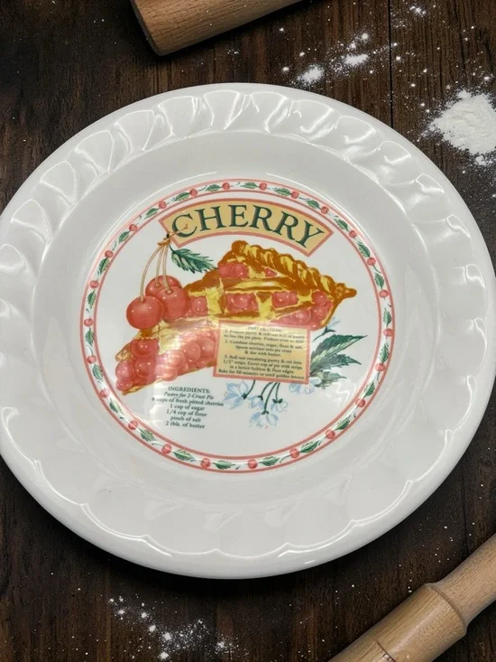 Vintage Ceramic Cherry Pie Plate Dish w/ Recipe Himark Golden Collection Korea - Picture 3 of 12